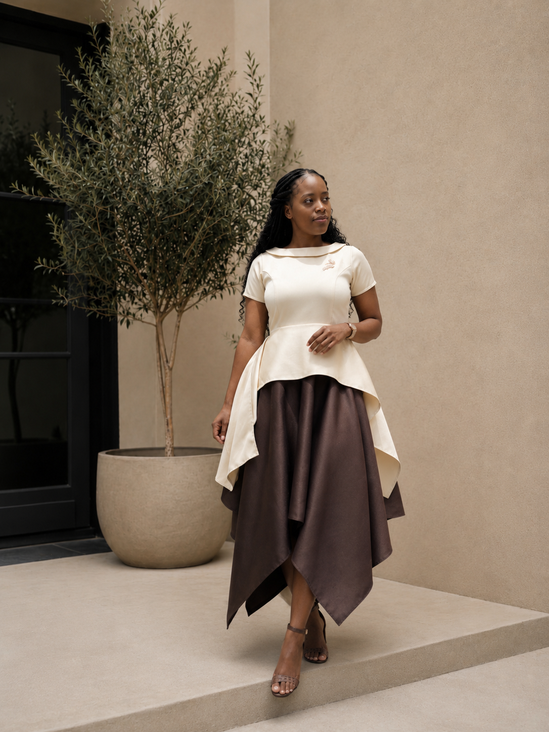 Brielle Two-Tone Modest Peplum Dress | Ivory & Chocolate Brown Church Dress