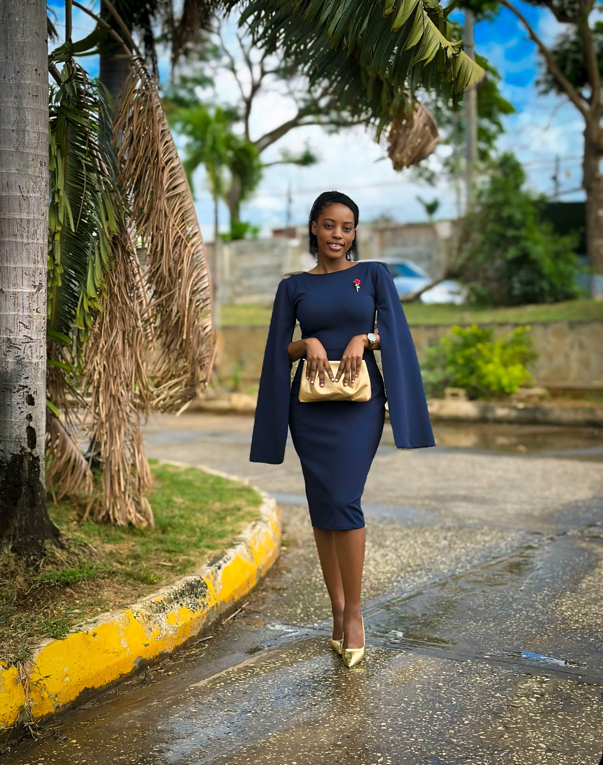 Teoana Cape-Sleeve Dress