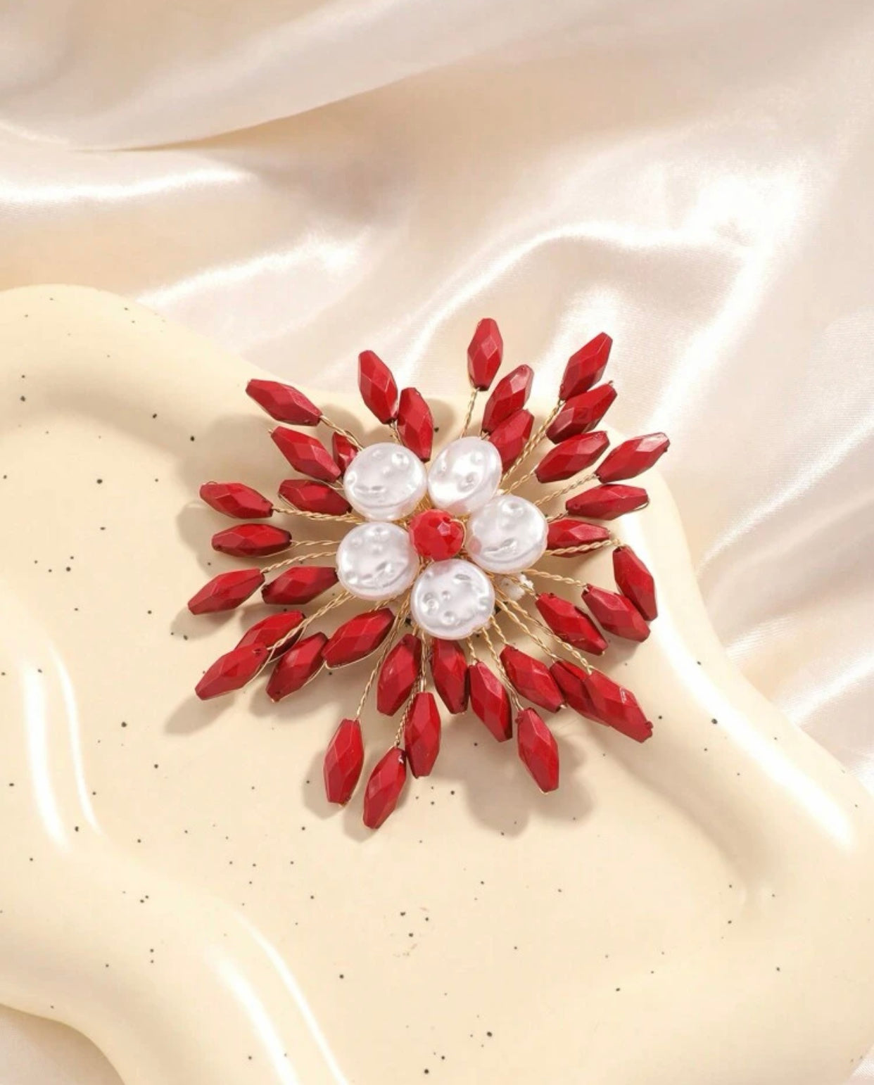 Elegant Pearl Brooch- Red